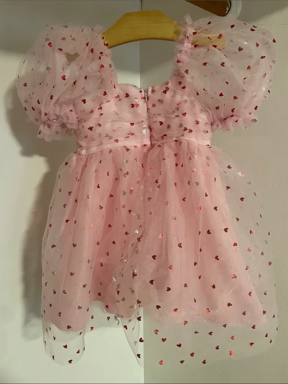 Jessica Simpson Pink Tulle Heart Print Puff Sleeve Party Dress